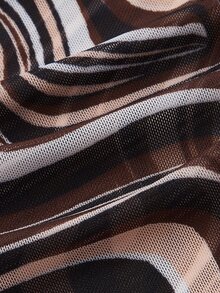 SHEIN ICON Marble Print Flounce Sleeve Mesh Top - Brown - View 4