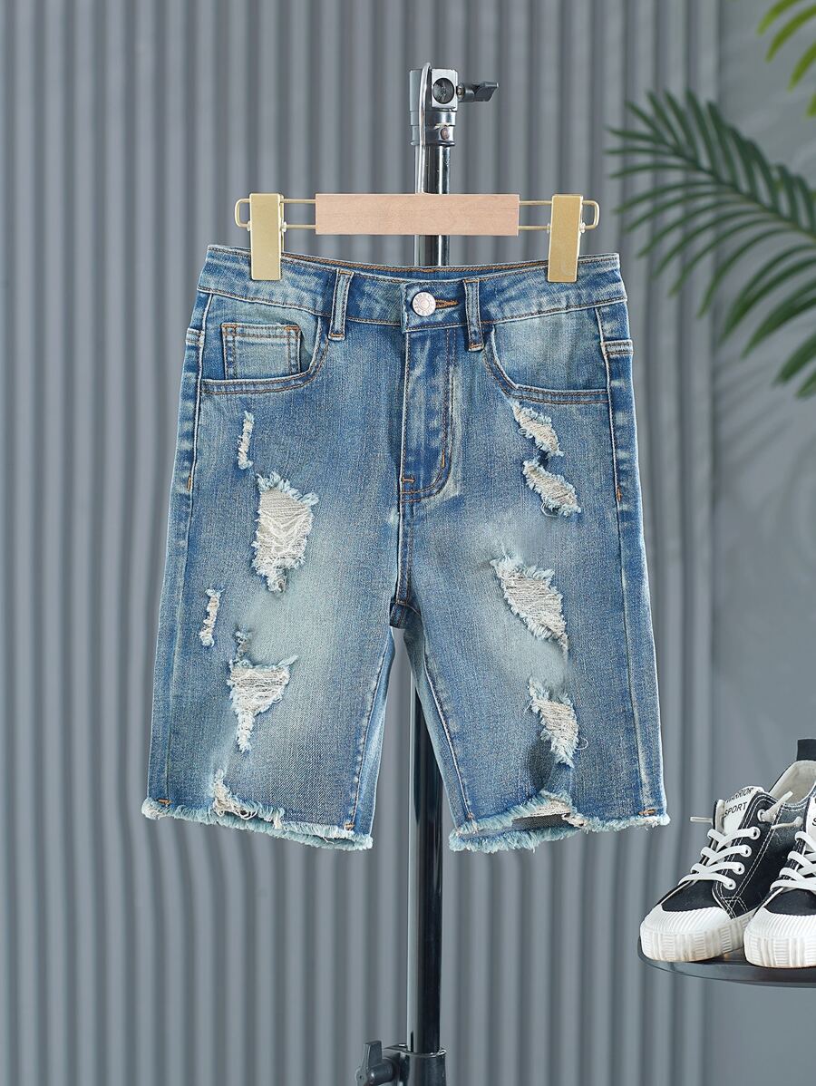 Cậu bé Tween Rách Cắt Thô Quần short Denim - Rửa trung bình - Xem 1