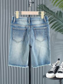 Cậu bé Tween Rách Cắt Thô Quần short Denim - Rửa trung bình - Xem 2