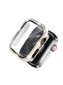 双色电镀钻石镶嵌手表表壳，带 PC 硬壳 + 钢化玻璃屏幕保护膜，适用于 Apple Watch - 白色 - 查看 1