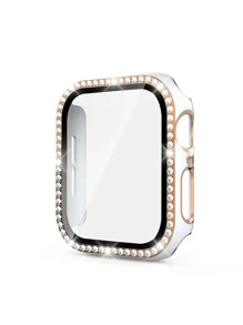 双色电镀钻石镶嵌手表表壳，带 PC 硬壳 + 钢化玻璃屏幕保护膜，适用于 Apple Watch - 白色 - 查看 2