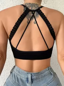 Sujetador con encaje en contraste de espalda con tira cruzada - Negro - Ver 1