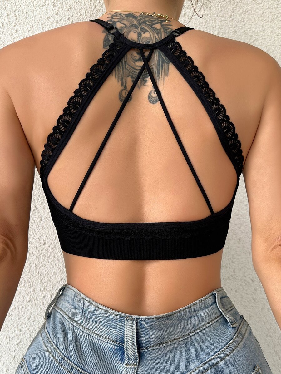 Sujetador con encaje en contraste de espalda con tira cruzada - Negro - Ver 1
