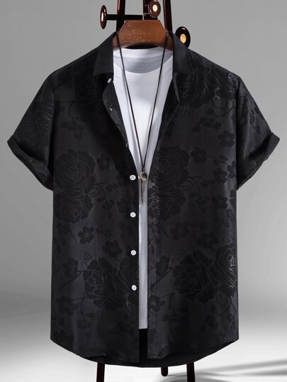 Manfinity RSRT Camisa de manga corta con botones y gráficos Jacquard floral para hombre sin camiseta interior