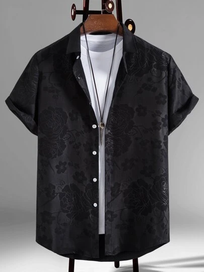 Manfinity RSRT เสื้อเชิ้ตผู้ชาย ลายดอกไม้ Jacquard ไม่มีเสื้อยืด เสื้อเชิ้ตแขนสั้นติดกระดุมกราฟิก