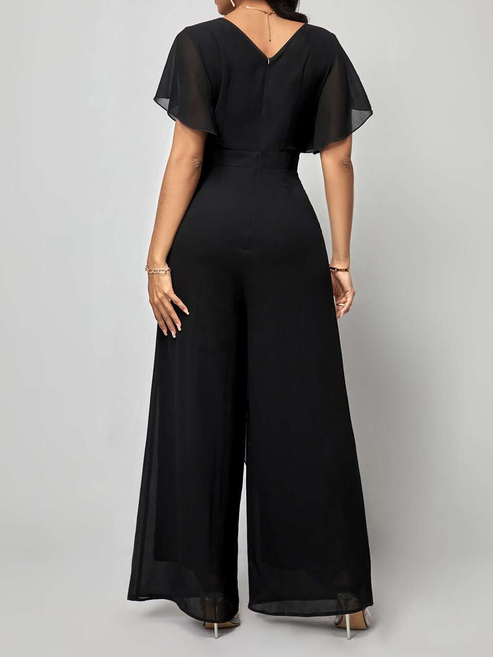 Black Summer Elegant Party Night Butterfly Sleeve Wrap Knot Side Wide Leg Jumpsuit For Women Modest Vintage Old Money Teacher Outfits Holiday Gift