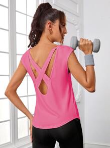 SHEIN Daily&Casual 交叉露背素色運動背心 - 粉色 - 查看 1