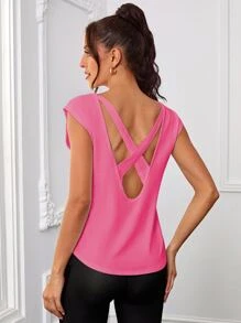 SHEIN Daily&Casual 交叉露背素色運動背心 - 粉色 - 查看 2