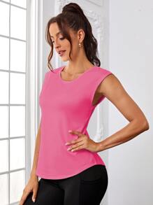 SHEIN Daily&Casual 交叉露背素色運動背心 - 粉色 - 查看 4