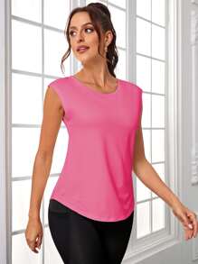 SHEIN Daily&Casual 交叉露背素色運動背心 - 粉色 - 查看 5