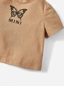 SHEIN 新生兒1入組蝴蝶和字母圖案T恤 - 卡其色 - 查看 7
