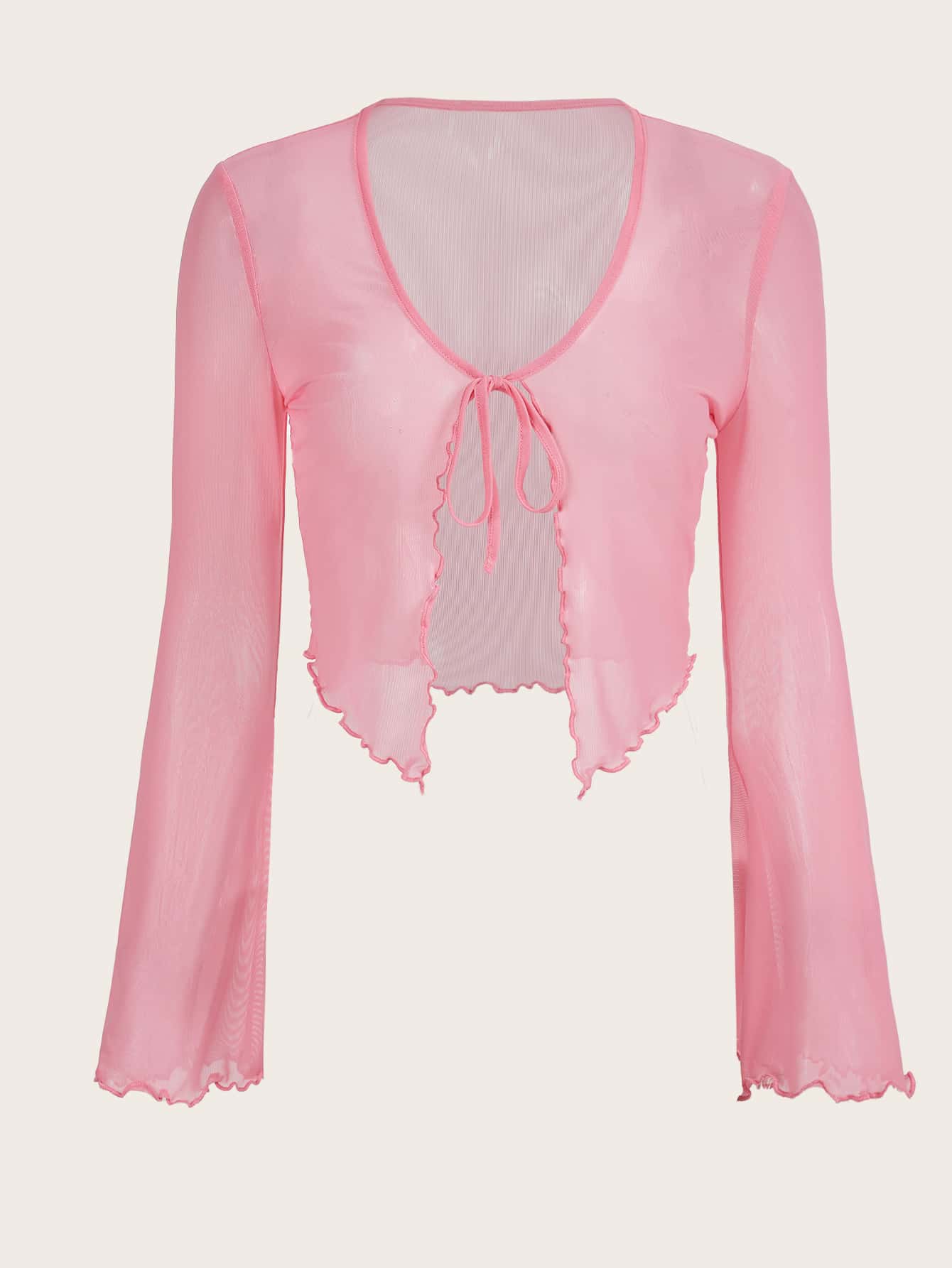 SHEIN ICON Tie Front Lettuce Trim Trumpet Sleeve Mesh Y2k Top - Baby Pink - View 1