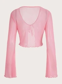 SHEIN ICON Tie Front Lettuce Trim Trumpet Sleeve Mesh Y2k Top - Baby Pink - View 2