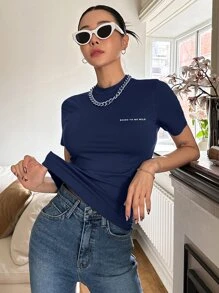 DAZY Slogan Graphic Cổ Áo Đứng Sinh Ra Để Hoang Dã - Màu xanh hải quân - Xem 2