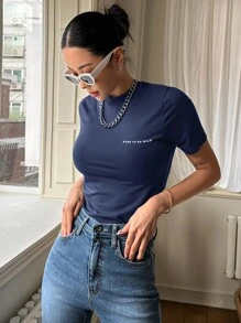 DAZY Slogan Graphic Cổ Áo Đứng Sinh Ra Để Hoang Dã - Màu xanh hải quân - Xem 3