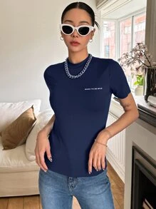 DAZY Slogan Graphic Cổ Áo Đứng Sinh Ra Để Hoang Dã - Màu xanh hải quân - Xem 4