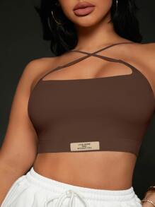SHEIN SXY 字母貼布十字交叉吊帶短上衣 - 巧克力棕 - 查看 1