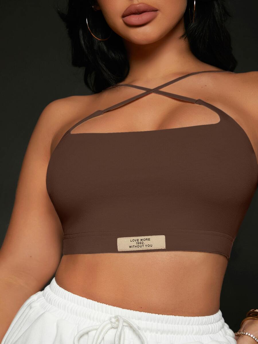 SHEIN SXY 字母貼布十字交叉吊帶短上衣 - 巧克力棕 - 查看 1