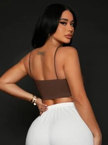 SHEIN SXY 字母貼布十字交叉吊帶短上衣 - 巧克力棕 - 查看 2