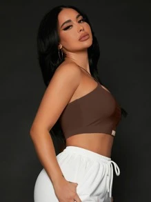 SHEIN SXY 字母貼布十字交叉吊帶短上衣 - 巧克力棕 - 查看 4