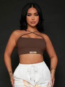 SHEIN SXY 字母貼布十字交叉吊帶短上衣 - 巧克力棕 - 查看 6