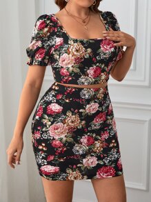 SHEIN Unity Plus Floral Print Puff Sleeve Crop Top & Bodycon Skirt - Multicolor - View 1