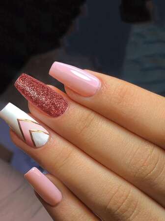 VV MEI JIA ER 使用24入組長棺材閃光簡單線條假指甲和1入組指甲銼和1張適合女士和女孩膠帶立即升級您造型