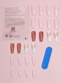 VV MEI JIA ER 使用24入組長棺材閃光簡單線條假指甲和1入組指甲銼和1張適合女士和女孩膠帶立即升級您造型 - 彩色 - 查看 2