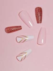 VV MEI JIA ER 使用24入組長棺材閃光簡單線條假指甲和1入組指甲銼和1張適合女士和女孩膠帶立即升級您造型 - 彩色 - 查看 3