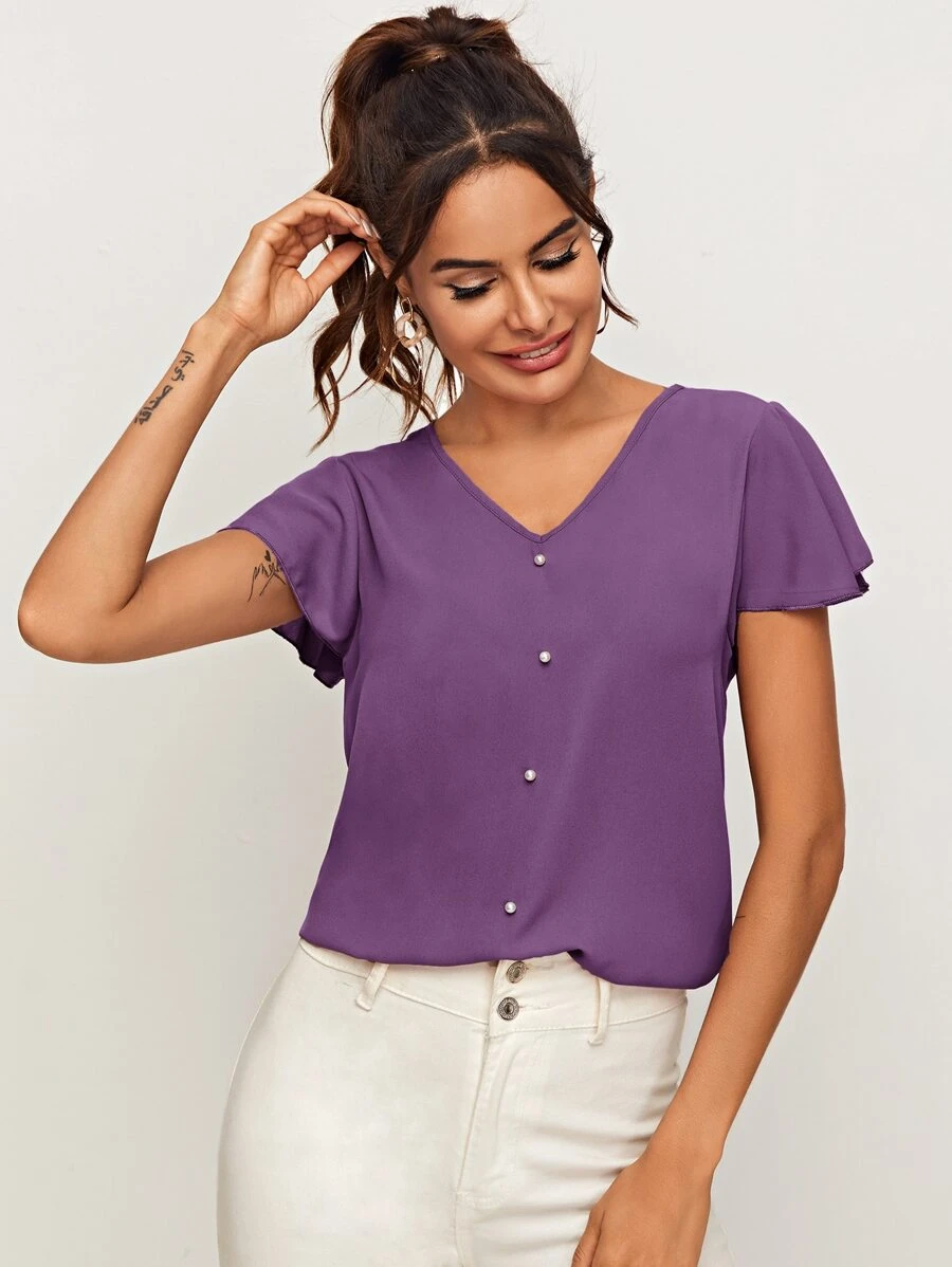 SHEIN Clasi V領蝴蝶袖珍珠串珠襯衫 - 紫色 - 查看 1