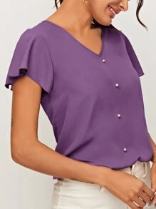 SHEIN Clasi V領蝴蝶袖珍珠串珠襯衫 - 紫色 - 查看 5