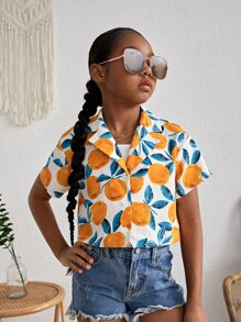 SHEIN 女孩檸檬圖案西裝領襯衫