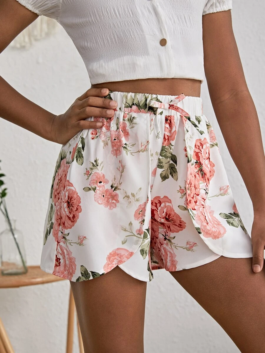 SHEIN 女孩印花前繫帶鬱金香下擺短褲 - 彩色 - 查看 1