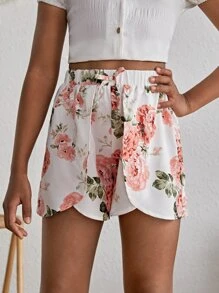 SHEIN 女孩印花前繫帶鬱金香下擺短褲 - 彩色 - 查看 3