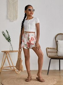 SHEIN 女孩印花前繫帶鬱金香下擺短褲 - 彩色 - 查看 5