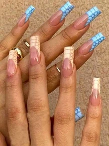 用24入組長棺材魚鱗印花假指甲和1入組指甲銼和1張膠帶升級您造型 - 彩色 - 查看 1