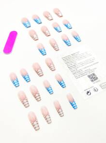 用24入組長棺材魚鱗印花假指甲和1入組指甲銼和1張膠帶升級您造型 - 彩色 - 查看 2