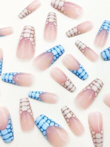 用24入組長棺材魚鱗印花假指甲和1入組指甲銼和1張膠帶升級您造型 - 彩色 - 查看 3