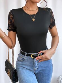 Firerie Contrast Lace Backless Scallop Trim Bodysuit - Black - View 6