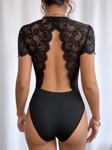 Firerie Contrast Lace Backless Scallop Trim Bodysuit - Black - View 1