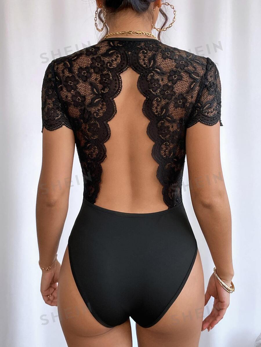 Firerie Body con encaje en contraste de espalda abierta ribete en abanico - Negro - Ver 1