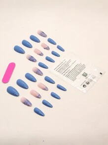 24 件长款杏仁蓝色法式闪光亮片假指甲、1 件指甲锉和 1 片指甲胶带，打造迷人指甲，美甲用品 - 彩色 - 查看 2