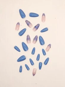 24 件长款杏仁蓝色法式闪光亮片假指甲、1 件指甲锉和 1 片指甲胶带，打造迷人指甲，美甲用品 - 彩色 - 查看 5