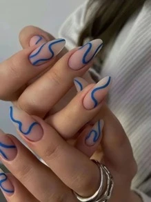 24入組長形杏仁形藍色條紋霧面假指甲、1入披紗紙檔，和1片指甲貼壓克力指甲，美甲必備 - 彩色 - 查看 1