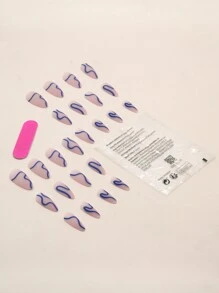 24入組長形杏仁形藍色條紋霧面假指甲、1入披紗紙檔，和1片指甲貼壓克力指甲，美甲必備 - 彩色 - 查看 2