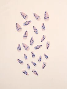 24入組長形杏仁形藍色條紋霧面假指甲、1入披紗紙檔，和1片指甲貼壓克力指甲，美甲必備 - 彩色 - 查看 6