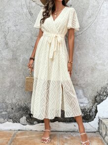 SHEIN VCAY Đầm Trọn gói Tách cao màu trơn Giải trí - Màu be - Xem 5