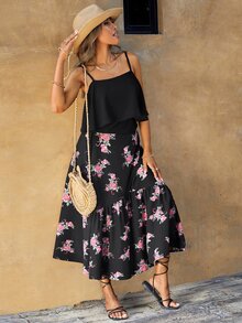 SHEIN Clasi 吊帶上衣和印花荷葉邊半身裙 - 黑色 - 查看 3