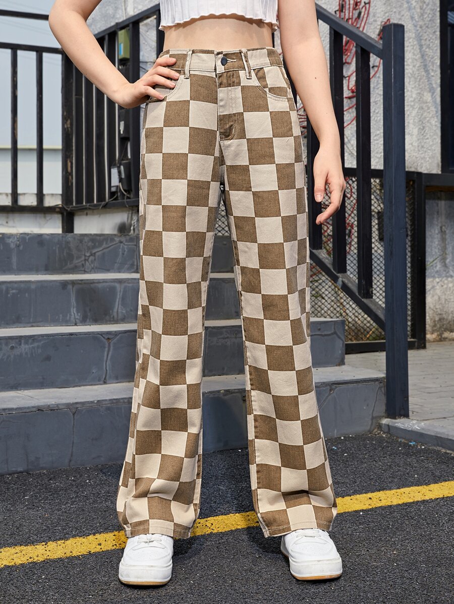 SHEIN Teen Girls Checker Print Jeans - Multicolor - View 1