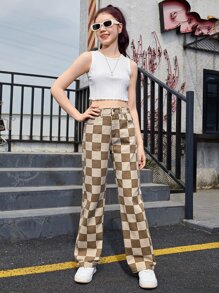 SHEIN Teen Girls Checker Print Jeans - Multicolor - View 4